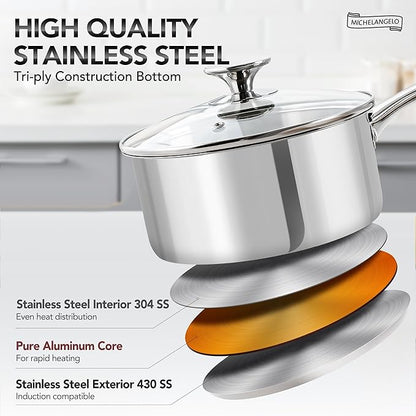 MICHELANGELO Stainless Steel Saucepan Set 1Qt & 2Qt, 18/10 Stainless Steel Pot Set, Induction Saucepan with Glass Lid, Dishwasher & Oven Safe (No Coating & Non-toxic) - Image 5