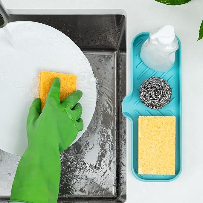 Zulay Kitchen Large Silicone Sponge Holder (12x4) – Flexible Sink Organizer Tray for Kitchen & Bathroom – Multipurpose Soap Dish for Sponges, Makeup, Trinkets & More (Aqua Sky) - Image 3