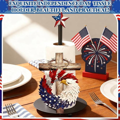 Thyle 4th of July Patriotic Paper Towel Holder, Red White Blue Eagle Cross Kitchen Decor 250th Anniversary Star Design, Metal Countertop Stand for Bathroom Memorial Day Independence Day Home Decor