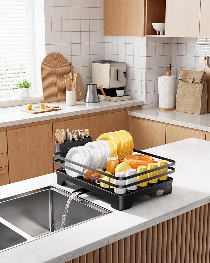 Kitsure Dish Drying Rack - Multi-Functional Dish Rack for Kitchen Counter with Cutlery Holder, Rust-Proof Storage Solution with Rotatable, 15.7" x 12.0" x 5.5", Black - Image 8