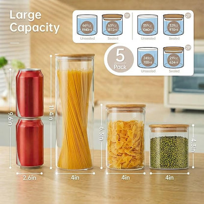 Multi Size - 5 Pack Glass Jars with Bamboo Lids, Glass Pantry Storage Containers with Airtight Lids, Round Air Tigh Food Storage Canisters for Cereal, Pasta, Flour, Sugar, Best for Kitchen Organizer - Image 3