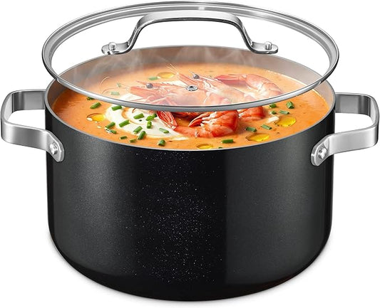 Bakken 8.5 Quart Ceramic Coated Stock Pot with Lid, Easy Clean Nonstick Pot, Tempered Glass Lid, Riveted Stainless Steel Handles, Oven Safe Up To 500°F, PTFE & PFAS Free, All Stove Compatible, Black by BAKK%C3%8BNMASTER