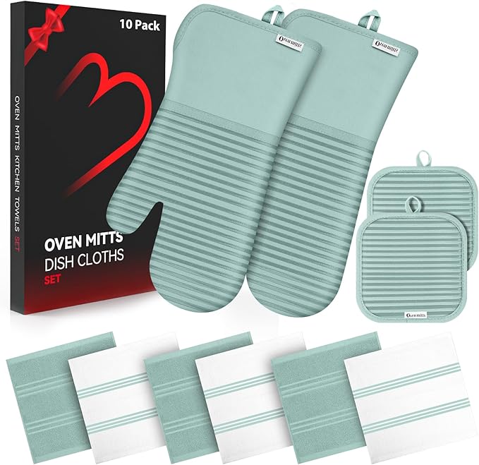 Oven Mitts and Pot Holder Sets with Silicone Grip, 500°F Heat Resistant-6 Pack Dishcloth/Dish Towels for Kitchen 100% Cotton-Value Kitchen Essentials for Cooking, Baking, Grilling-Mint Green by KacNacPro
