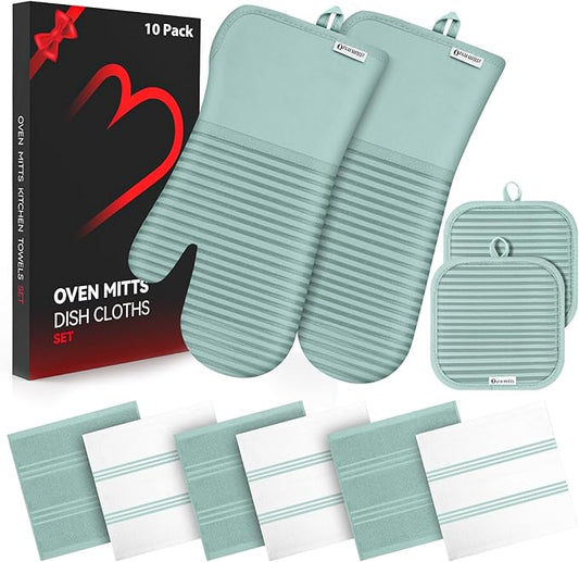 Oven Mitts and Pot Holder Sets with Silicone Grip, 500°F Heat Resistant-6 Pack Dishcloth/Dish Towels for Kitchen 100% Cotton-Value Kitchen Essentials for Cooking, Baking, Grilling-Mint Green by KacNacPro