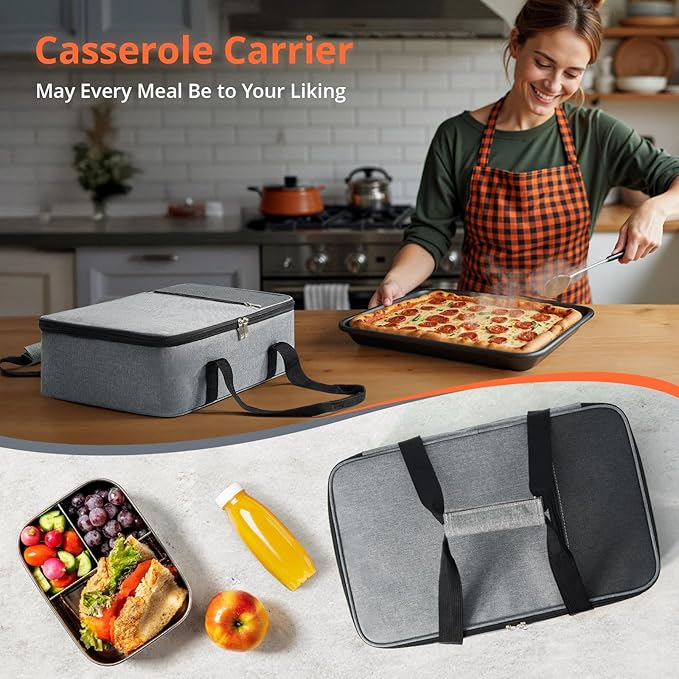 Insulated Casserole Carrier for Hot or Cold Food,Pie Carrier Bag Lunch Tote for Potluck Parties/Picnic/Cookouts, Fits 9"x13" Baking Dish,Grey