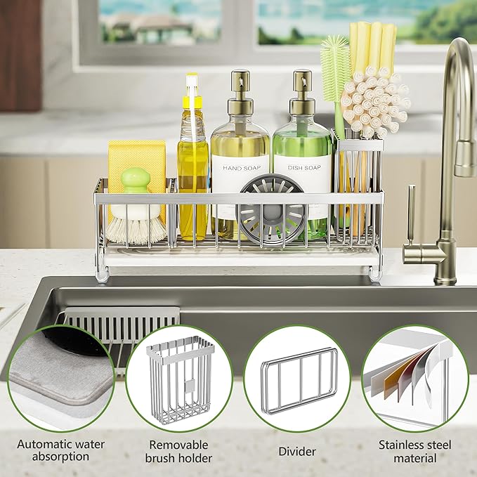 Cisily Extra Large Sink Caddy Organizer with Drying Stone, Silver Sponge Holder for Kitchen, Dish Brush Holder for Countertop, Kitchen Decor Storage and Essentials - Image 3