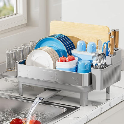 Ewaiira Dish Drying Rack, 304 Stainless Steel Dish Racks for Kitchen Counter, Dish Drainers with Automatic Drainage, Utensil Holder & Cups Holder, Space Saving Kitchen Organizer, Gray by EwaiiraHomeStorageOrganizer