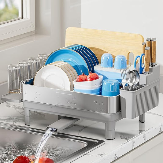Ewaiira Dish Drying Rack, 304 Stainless Steel Dish Racks for Kitchen Counter, Dish Drainers with Automatic Drainage, Utensil Holder & Cups Holder, Space Saving Kitchen Organizer, Gray by EwaiiraHomeStorageOrganizer