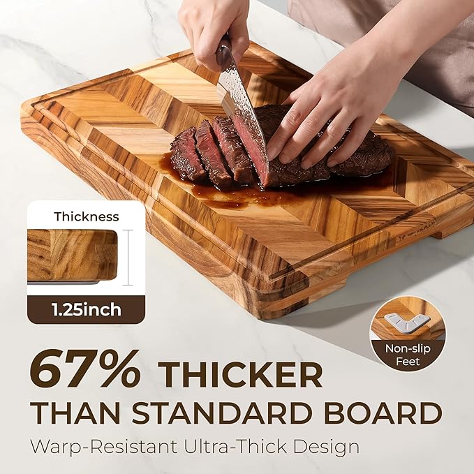 Teak Wood Cutting Board for Kitchen Extra 20'' Large End Grain Heavy Duty Checkered Wooden Cutting Board Non Toxic Herringbone Non Slip Charcuterie Butcher Block with Juice Groove & Handle Gift Box - Image 6