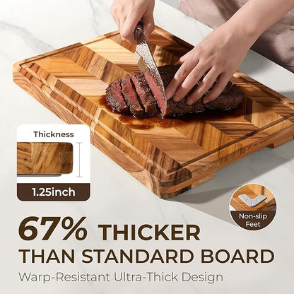 Teak Wood Cutting Board for Kitchen Extra 20'' Large End Grain Heavy Duty Checkered Wooden Cutting Board Non Toxic Herringbone Non Slip Charcuterie Butcher Block with Juice Groove & Handle Gift Box - Image 6