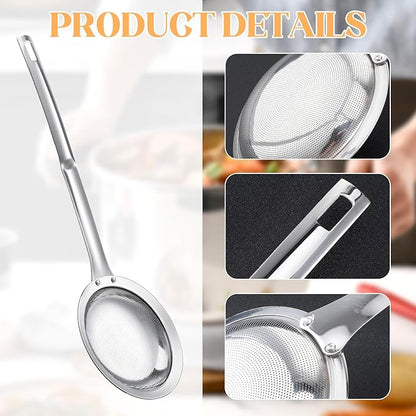 Skimmer Spoon Filter Grease Foam Fine Mesh Stainless Steel Sieve Colander, Extra Fine Strainer With Handle Handheld Fry Oil Filter for Cooking Sieve Spoon for Food Strainer Kitchen Gadget (Large)