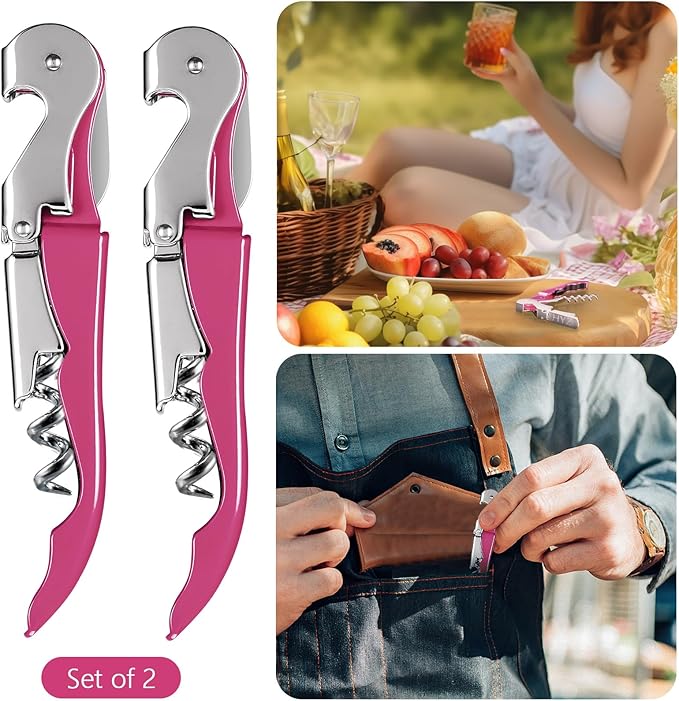 HYZ 2-Pack Wine Opener Waiter Corkscrew, Professional Wine Key for Servers, Bartender with Foil Cutter, Manual Wine Bottle Opener Double Hinged (Rosy) - Image 6