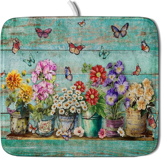 Flower Dish Drying Mat for Kitchen Counter 16x18 Inch Rustic Vintage Microfiber Absorbent Dishes Drainer Mats by Giwawa
