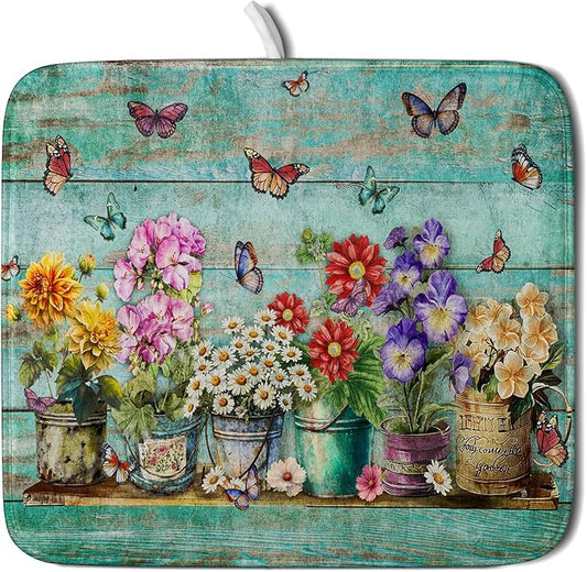 Flower Dish Drying Mat for Kitchen Counter 16x18 Inch Rustic Vintage Microfiber Absorbent Dishes Drainer Mats by Giwawa