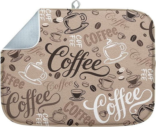 Sanwarm Absorbent Dish Drying Mat, First Coffee Cute Doodle Chalkboard Microfiber Pad for Kitchen Counter, Coffee Bar Decor, Heat Resistant and Reversible, 16" x 18"