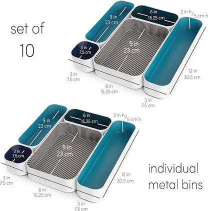 Three by Three Seattle 10 Piece Metal Organizer Tray Set for Storing Makeup, Stationery, Utensils, and More in Office Desk, Kitchen and Bathroom Drawers (2 Inch, Assorted Blue and Stripes) - Image 4