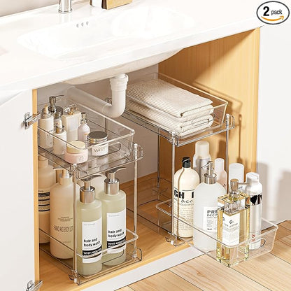 Vtopmart 2 Pack Higher Bathroom Organizer, 2 Tier White Under Sink Organizers Vanity Countertop Storage Container,Cabinet Drawers Bins, Pull-Out Organization with Track for Pantry, Kitchen by Vtopmart