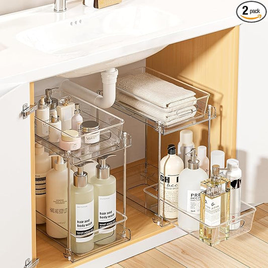 Vtopmart 2 Pack Higher Bathroom Organizer, 2 Tier White Under Sink Organizers Vanity Countertop Storage Container,Cabinet Drawers Bins, Pull-Out Organization with Track for Pantry, Kitchen by Vtopmart