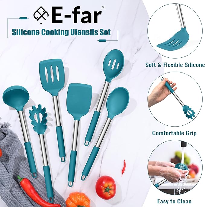 E-far 14 Pieces Silicone Cooking Utensils Set, Kitchen Utensils Set with Holder, Spatula, Ladle, Spoon, Tong, Slotted Turner for Nonstick Cookware, 446°F Heat Resistant & Stainless Steel Handle, Blue - Image 4