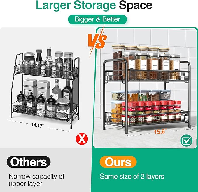 Spice Rack Organizer for Countertop 2 Pack, 2-Tier Counter Foldable Metal Standing Large Seasoning Storage Shelf for Kitchen Cabinet Bathroom Living Room Pantry Office, Black - Image 4
