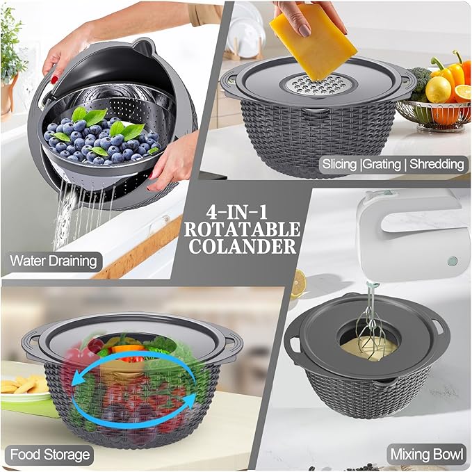 4-1 Colander with Lid Set - Rotatable Strainer With Bowl(Patented), Pasta Strainer with New Upgraded Graters, Strainer And Colanders, Fruit Cleaner, Veggie Wash, Apartment Kitchen Gadgets - Grey - Image 4