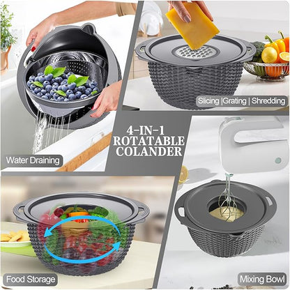 4-1 Colander with Lid Set - Rotatable Strainer With Bowl(Patented), Pasta Strainer with New Upgraded Graters, Strainer And Colanders, Fruit Cleaner, Veggie Wash, Apartment Kitchen Gadgets - Grey - Image 4
