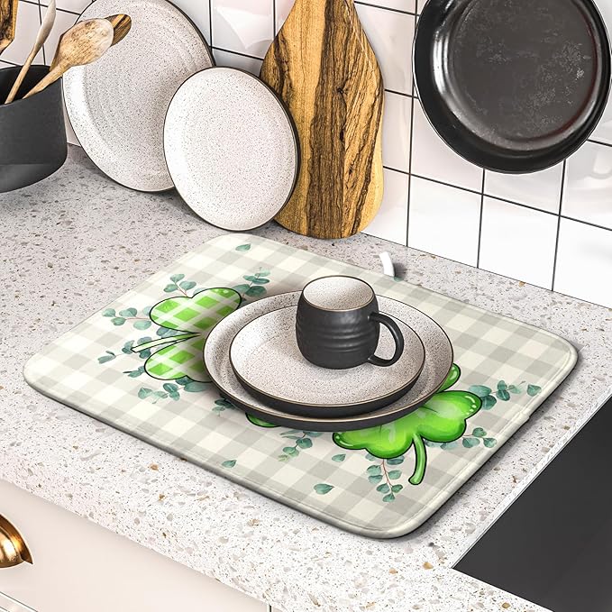 Giwawa Patrick Dish Drying Mat for Kitchen Green Clovers Grey Buffalo Plaids Dish Drainer Mats 16x18inch Spring Leaf Dish Drying Rack Pad Protector for Countertop Dining Holiday Decor