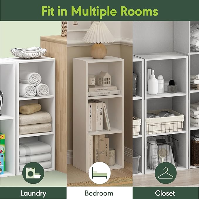 Furinno LUDER Book Shelf, 3-Cube Bookshelf, Bookcase with Open Shelves, 9.3 x 12 x 31.5, Easy Assembly, for Living Room, Bedroom, Home Office, White - Image 7