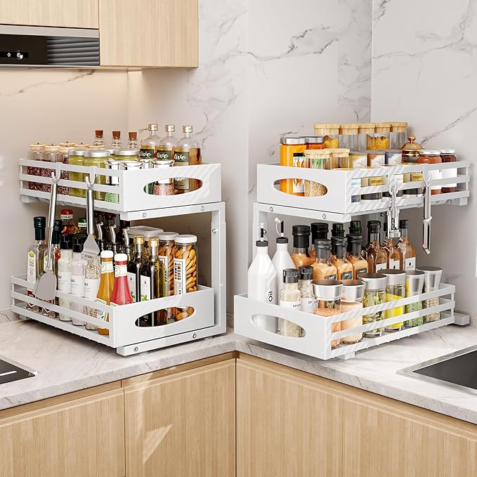Under Sink Organizer, 2 Tier Under Sink Organizers and Storage, Adjustable Height, Slide out Metal Cabinet Organizers, Pull out Cabinet Storage Drawer Shelf for Kitchen Bathroom (White, 2 Pack) - Image 2