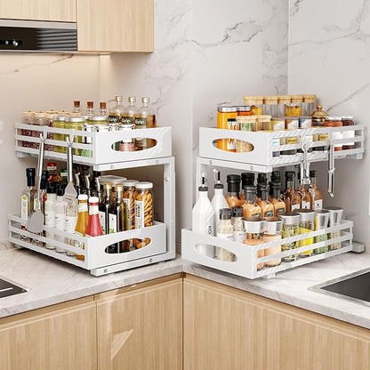 Under Sink Organizer, 2 Tier Under Sink Organizers and Storage, Adjustable Height, Slide out Metal Cabinet Organizers, Pull out Cabinet Storage Drawer Shelf for Kitchen Bathroom (White, 2 Pack) - Image 2