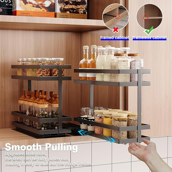 Mustorn 2 Pack Pull Out Spice Rack Organizer for Cabinet, 2 Tier Metal Slide Out Seasoning Organizer and Storage Heavy Duty Vertical Spice Rack Shelf Pullout for Kitchen Cabinets No Drilling (Black) - Image 6