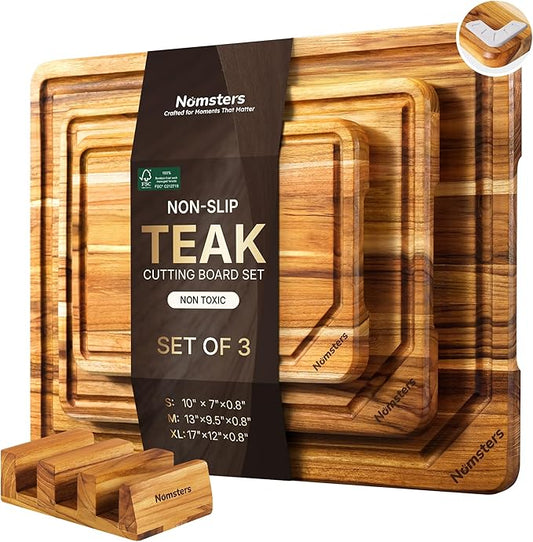 3 Pack Teak Wood Cutting Board Set for Kitchen Charcuterie Board Serving Heavy Duty Non Toxic Slip Hardwood Over Sink Solid Thick Haus Wooden Chopping Board Large Big Small Meat Best Essential Gift by Unknown