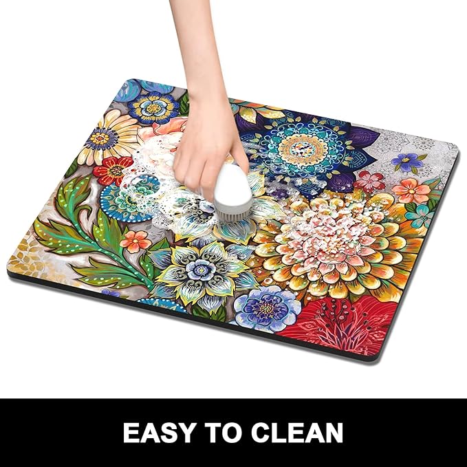 Rnivvi Dish Drying Mat for Kitchen Counter, 16 x 18" Cute Flower Theme Absorbent Heat Resistant Drying Pad with Non-slip Rubber, Coffee Bar Mats for Coffee Machine Dish Rack, Mandala Floral - Image 6