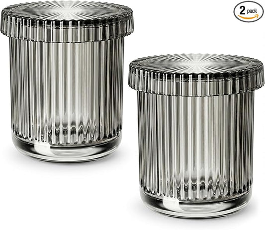 2 Pack Qtip Holder - Apothecary Jars with Lids, Bathroom Organizers and Storage Canister for Cotton Balls,Swabs,Floss Picks,Hair Ties,Clear Glass Vintage Bathroom Decor Jar Set (Gray)