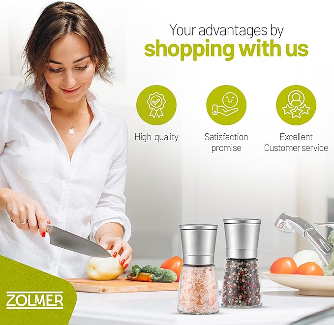 ZOLMER® Premium Stainless Steel Salt and Pepper Grinder Set | Adjustable Ceramic Mill - Small Silver Manual Grinder for Salt, Pepper, and Chili [No Spices Included]