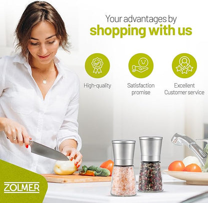 ZOLMER® Premium Stainless Steel Salt and Pepper Grinder Set | Adjustable Ceramic Mill - Small Silver Manual Grinder for Salt, Pepper, and Chili [No Spices Included]