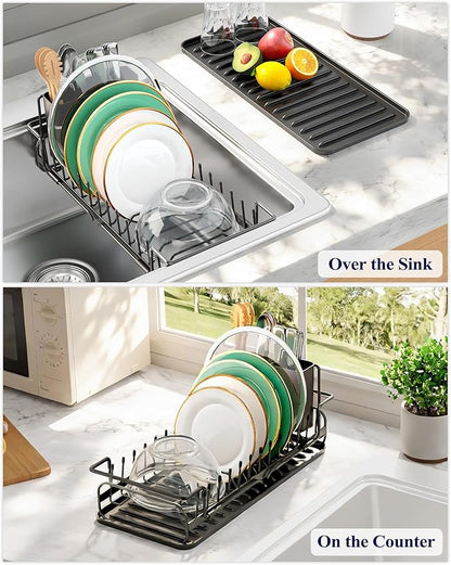 Kitsure Dish Drying Rack - Expandable Dish Rack for Kitchen Counter, Over Sink Or in Sink, Space-Saving Plates Dryer with Cutlery Holder & Drip Tray, 14.0"-20.9" L x 6.3" W x 8.0" H, Black - Image 2