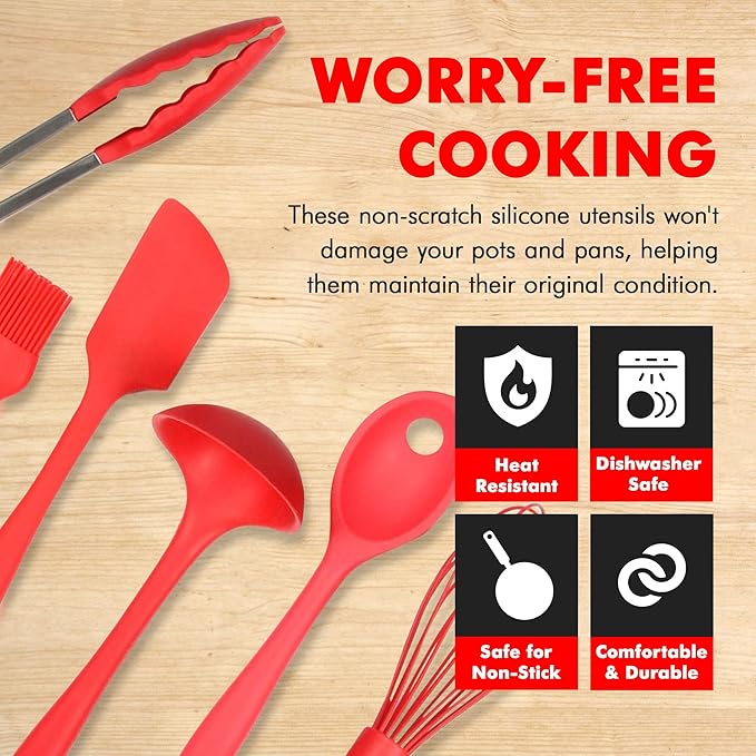 Chef Craft Premium Silicone Kitchen Tool and Utensil Set, 9 Piece, Red - Image 3