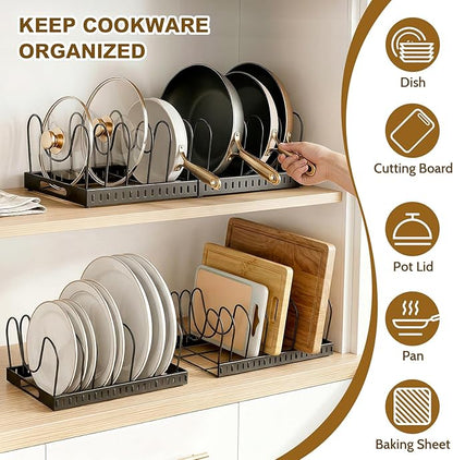 2PACK Expandable (12"-24") Pots and Pans Organizer Under Cabinet with 32 Adjustable Dividers for Kitchen, Pot Lid Organizers Inside Cabinet, Pan Lid Holder, Rust-Resistant Lid Storage, Easy to Clean