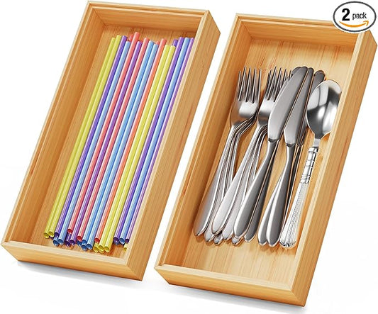 Bamboo Kitchen Drawer Organizer Boxes – 12" x 6" Stackable Wood Silverware Utensil Tray for Drawers Bins, Cutlery & Flatware Storage – Wooden Organizers Set of 2 for Junk Drawer, Bathroom, RV