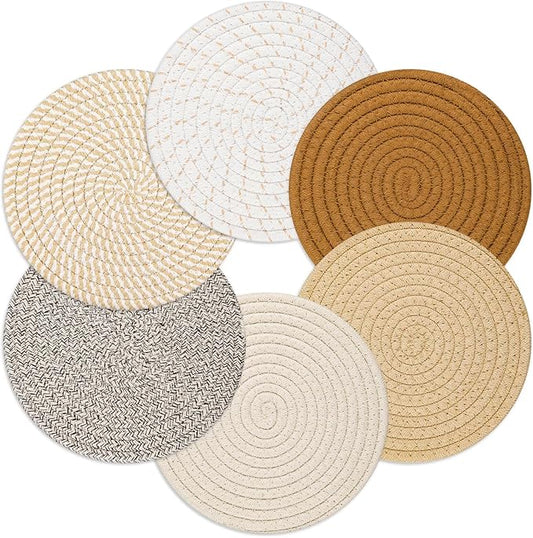 Billbotk 8"" Trivets for Hot pots and Pans, 6 Heat Resistant Hot Pads, Pot Holders for Kitchen, Hot Plate Mats for Table, Kitchen Decor for Counter, Home Essentials, Farmhouse, Brown, WT-6-2