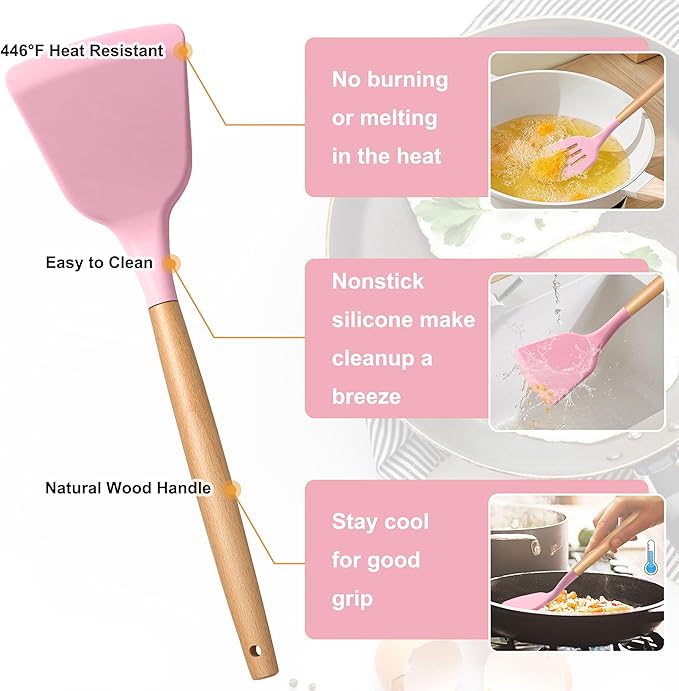 E-far Silicone Cooking Utensils Set, 10-Piece Kitchen Utensils Set with Wooden Handle for Cooking, Non-toxic Silicone Kitchen Nonstick Tools Spatula Whisk Tongs Ladle, Heat Resistant & Health, Pink - Image 4