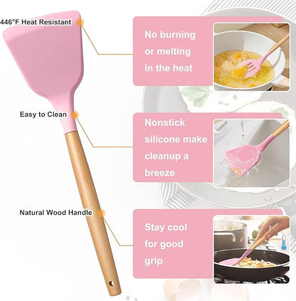 E-far Silicone Cooking Utensils Set, 10-Piece Kitchen Utensils Set with Wooden Handle for Cooking, Non-toxic Silicone Kitchen Nonstick Tools Spatula Whisk Tongs Ladle, Heat Resistant & Health, Pink - Image 4