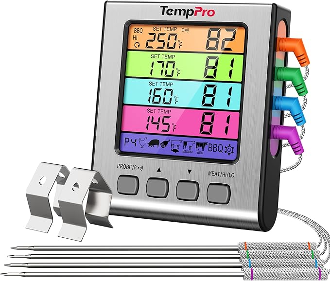 TempPro TP17H Digital Meat Thermometer with 4 Temperature Probes, HI/Low Alarm Smoker Food Thermometer with Colored Backlit LCD, BBQ Thermometer for Cooking Grill Kitchen Oven (Previously ThermoPro) by TempPro