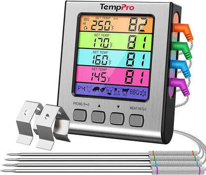 TempPro TP17H Digital Meat Thermometer with 4 Temperature Probes, HI/Low Alarm Smoker Food Thermometer with Colored Backlit LCD, BBQ Thermometer for Cooking Grill Kitchen Oven (Previously ThermoPro) by TempPro