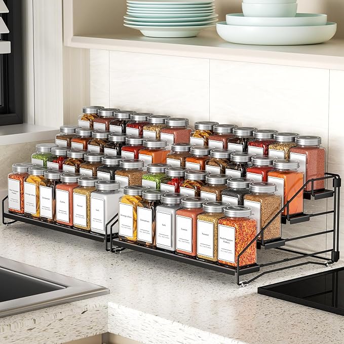 BOIVSHI 4 Tier Spice Rack Organzier, Spice Rack for Cabinet, Adjustable Depth Seasoning Shelf for Countertop, Pantry, Seasoning Organizer, Metal, Black (2 Pack) - Image 2