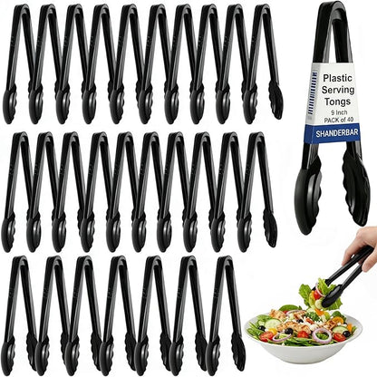 40 Pcs Plastic Tongs for Serving 9 Inch, Black Heavy Duty Hard Plastic Serving Tong Reusable or Disposable, Kitchen Utensils Set Salad Tongs Bulk for Food, Buffets, BBQ, Catering, Events and Parties