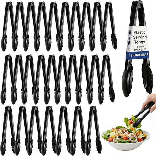40 Pcs Plastic Tongs for Serving 9 Inch, Black Heavy Duty Hard Plastic Serving Tong Reusable or Disposable, Kitchen Utensils Set Salad Tongs Bulk for Food, Buffets, BBQ, Catering, Events and Parties