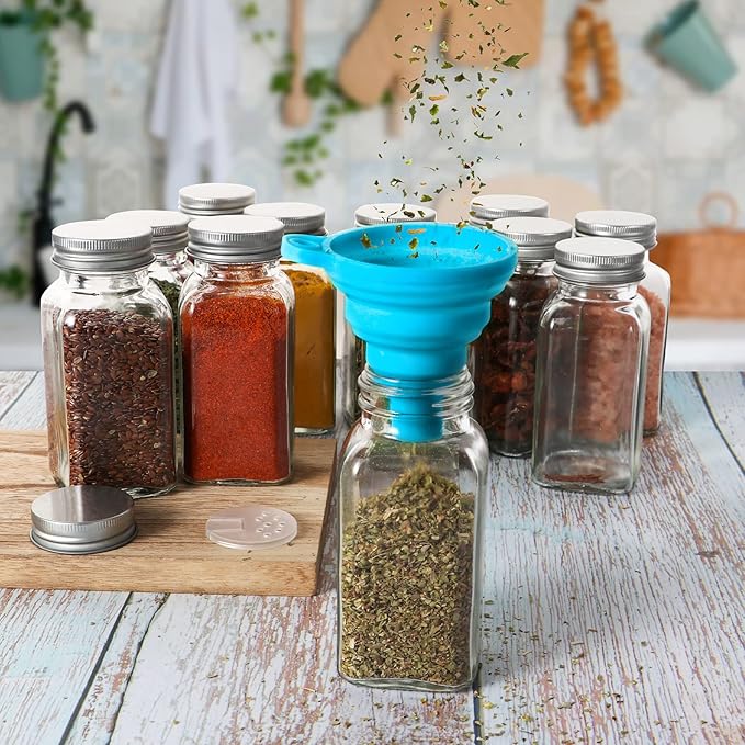 16 Pack 6 oz Glass Spice Jars with 80 Black Labels,180ml Empty Square Spice Containers Seasoning Bottles with Silver Caps and Shaker Lids for Kitchen Storage(Chalk Marker,Funnel and Brush include) - Image 3