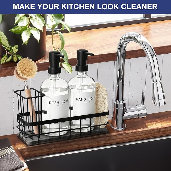 Dish Soap Dispenser for Kitchen, 16.9 fl oz Clear Hand and Dish Soap Dispensers, Kitchen Soap Dispenser Set with Sponge Holder, Brush Holder and Loofah Sponge, Countertop Sink Organizer Accessories - Image 7